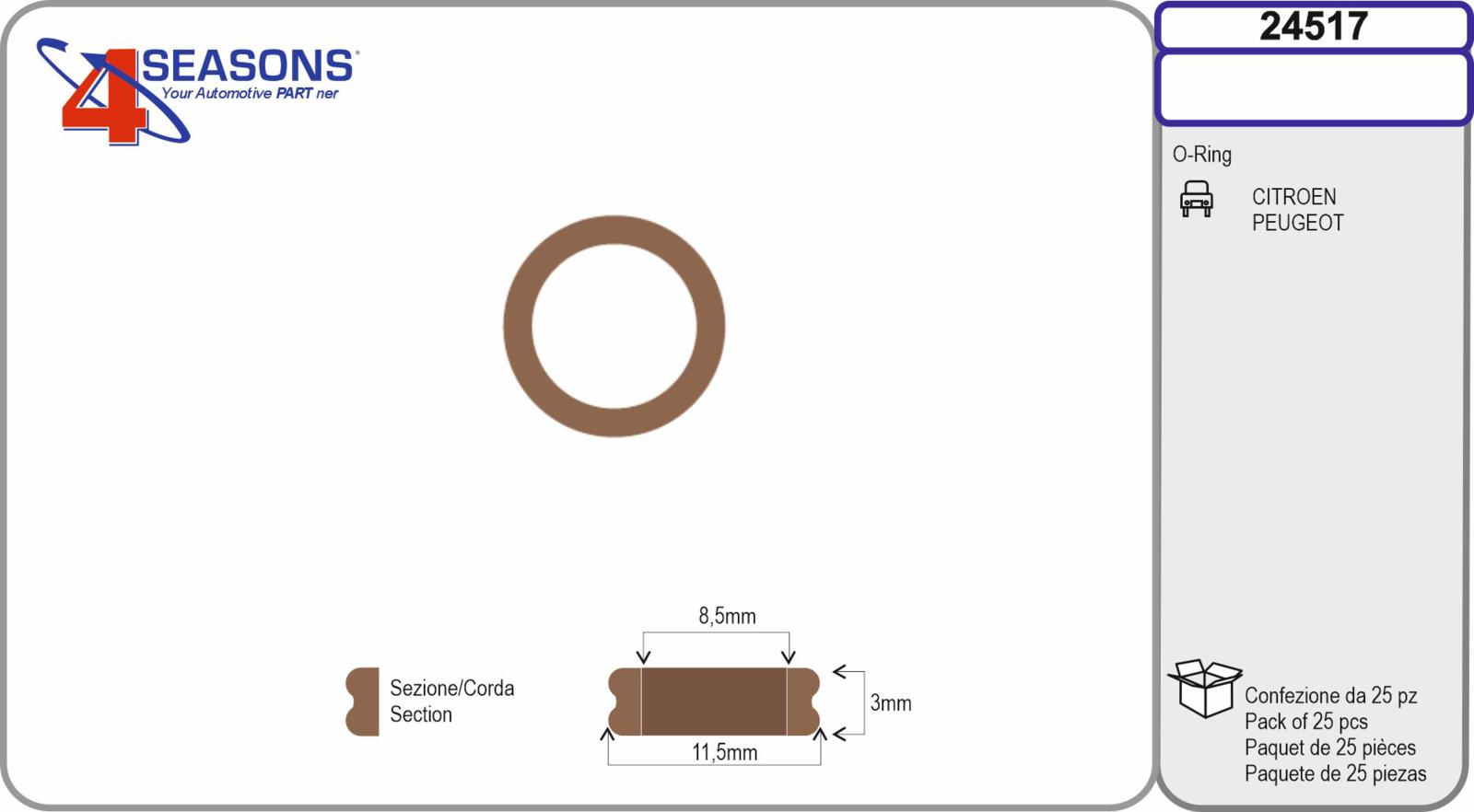 O-ring a sezione doppia est 11,5mm x int 8,5mm x sp. 3mm conf. 25pz