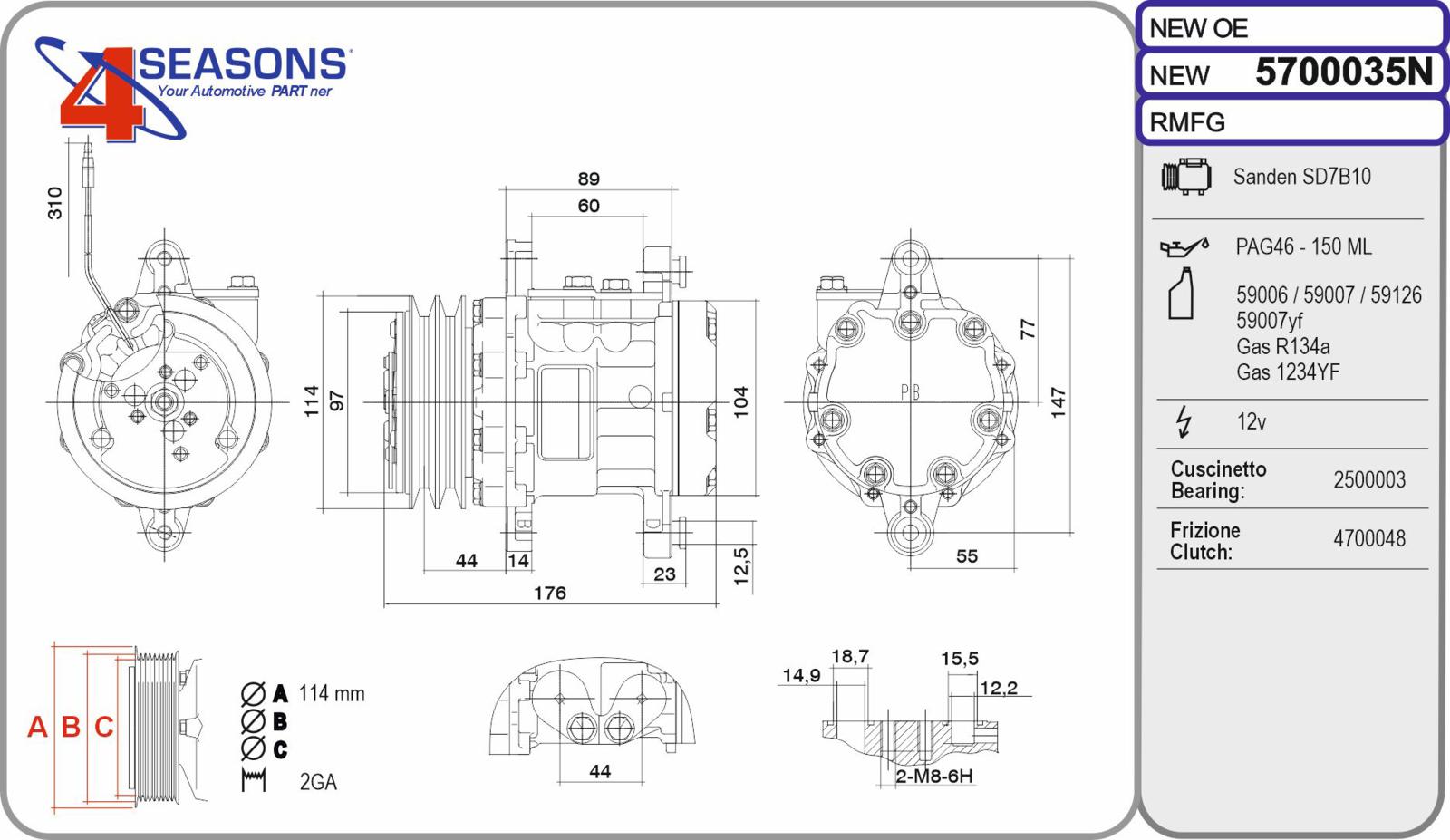 Cmp New Universal SANDEN SD7B10 12V PV2 7150 / 7170