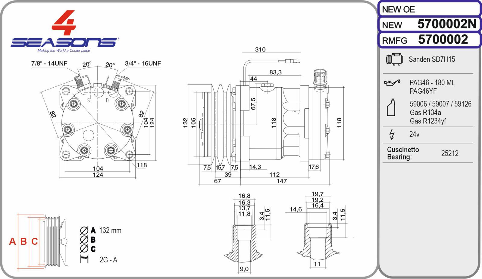 Cmp Rem SANDEN SD7H15 24V  2 gole 132mm